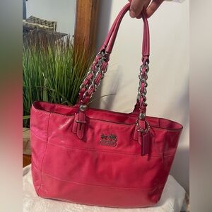 Coach Fuchsia Leather Tote with Chain Straps